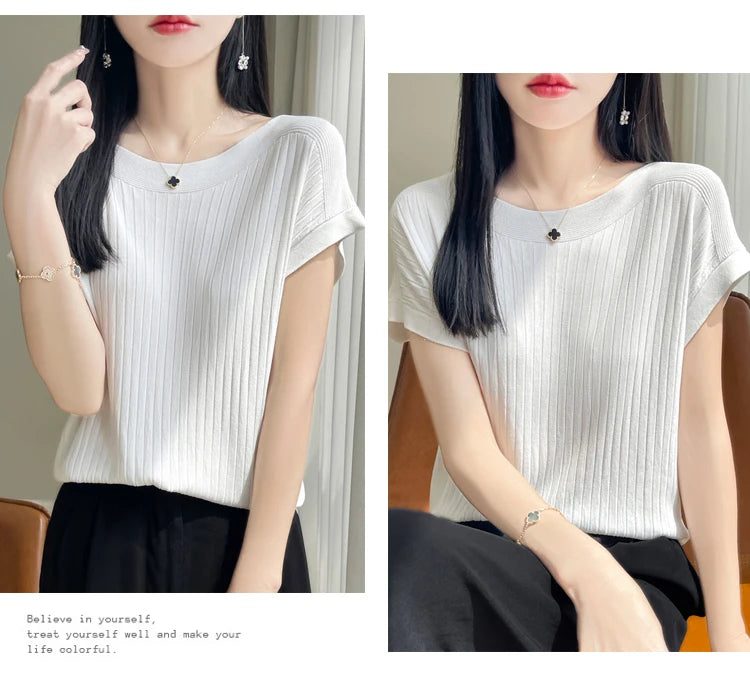 Summer Thin Ice Silk Knitted Loose T-Shirt Women's Short Sleeve Versatile Top Breathable Cool Feeling Pure Color Basic Fit