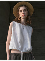 100% Linen Tank Top Women 2026 Summer Breathable Short Tops Sleeveless Casual Loose Cotton Linen Drawstring Crop Tops