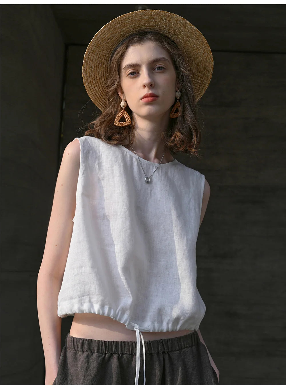 100% Linen Tank Top Women 2026 Summer Breathable Short Tops Sleeveless Casual Loose Cotton Linen Drawstring Crop Tops