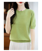 Fall/winter women's O-neck basic warm casual pullover fashion short sleeve 100% wool 22-color knitted sweater.