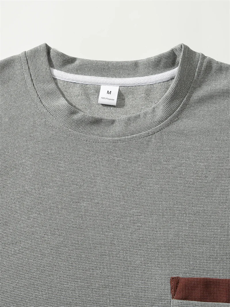 summer Casual breathable Men Tops Patchwork pocket sports pullover Textured Male Loose round collar short sleeve men T-shirts