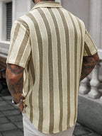 Vacation Casual Mens Knitted Shirts Short Sleeve Button-up Lapel Knit Shirt 2026 Spring Summer Stylish Patchwork Striped Shirts