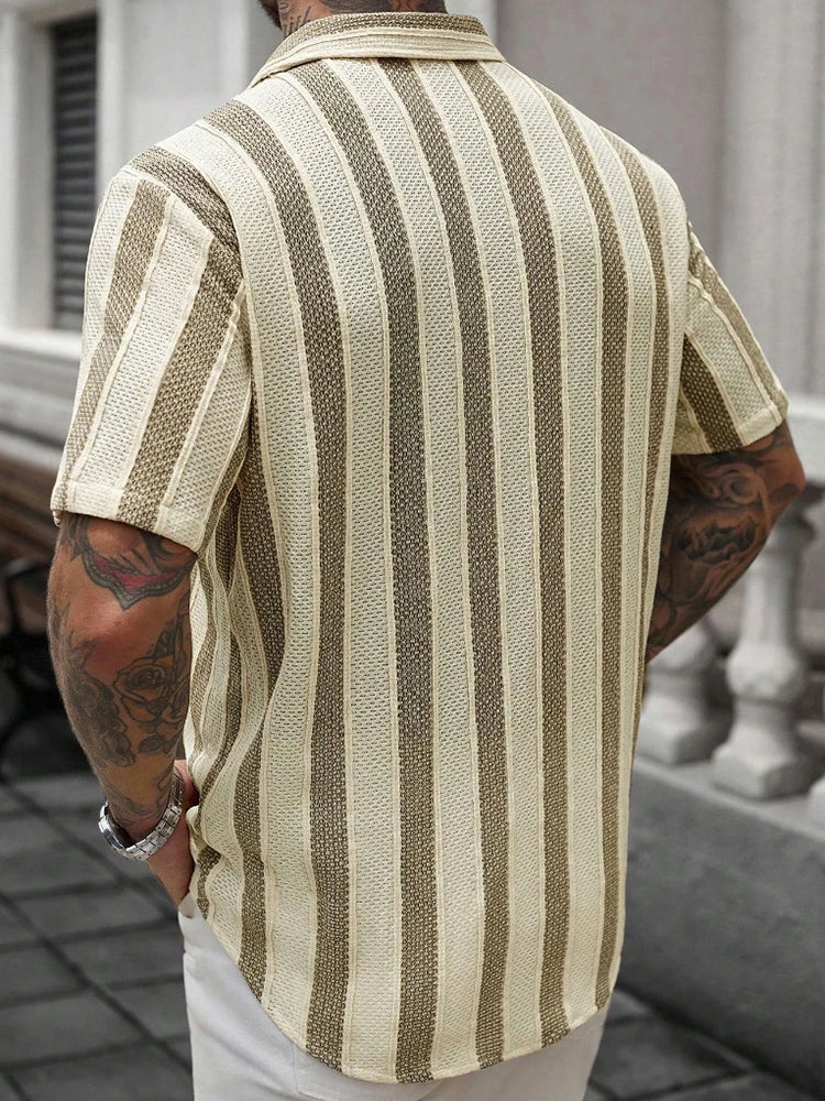 Vacation Casual Mens Knitted Shirts Short Sleeve Button-up Lapel Knit Shirt 2026 Spring Summer Stylish Patchwork Striped Shirts