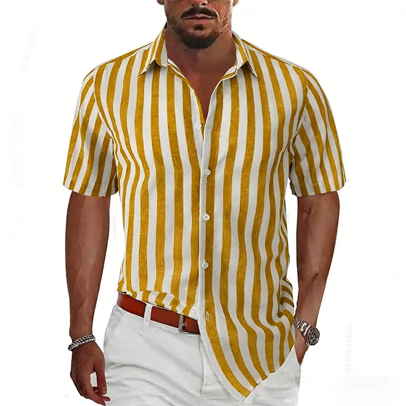 2026 Summer New Men's Striped Short-Sleeve Shirt, Multiple Colors Available, Outdoor Streetwear Casual Fashion Men's Top, XS-6XL