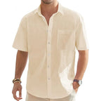 Men's Solid Color Cotton Linen Short Sleeve Shirts Vacation Beach Summer Tops with Pocket Casual Lightweight Button Shirts