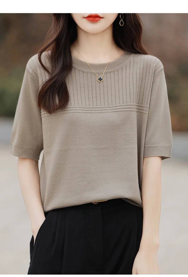 Women Sweater Short Sleeve Spring Summer O-neck Bottoming Shirts Casual Korean Knitted Pullovers Solid Loose Hollow Out Jumpers
