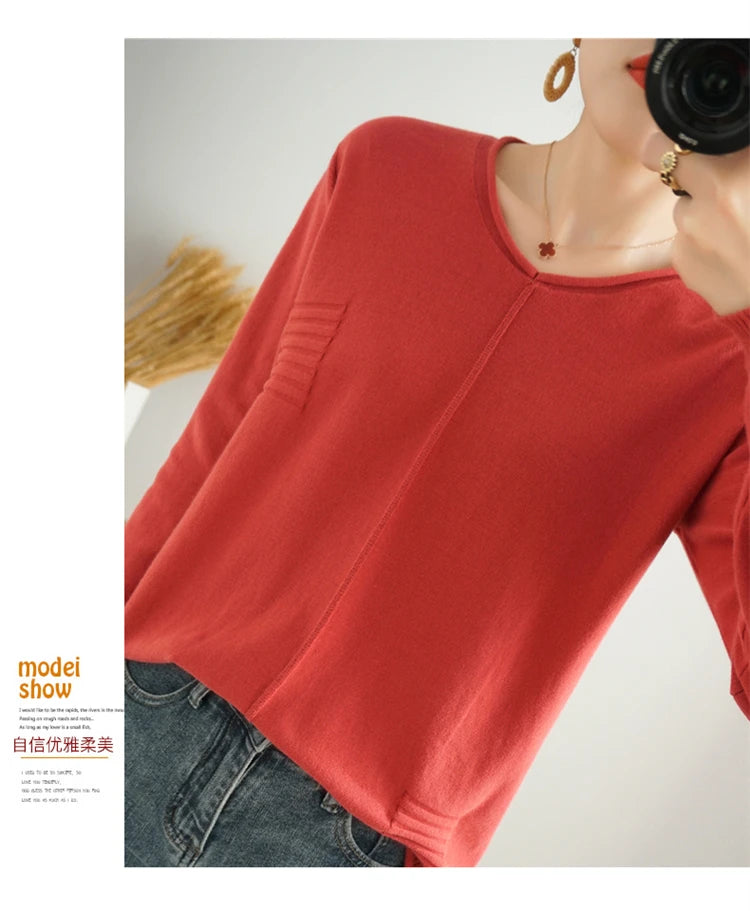 2023 Autumn/Winter Women's New Pullover Casual Solid 100% Cotton Knitted V-Neck Loose Sweater Fashion Soft Breathable Top