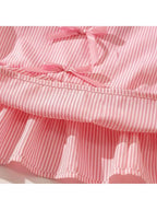 Fashion girl pink and white striped round neck lace up bow ruffle edge+pink striped side butterfly shorts two-piece set