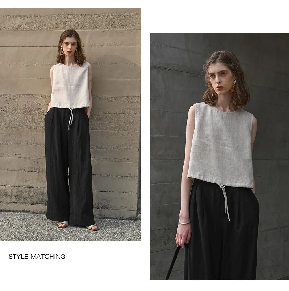 100% Linen Tank Top Women 2026 Summer Breathable Short Tops Sleeveless Casual Loose Cotton Linen Drawstring Crop Tops