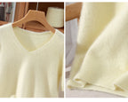 Women's 100% pure mink cashmere V-neck sweater T-shirt solid color knitted fashionable versatile short sleeved pullover sweater