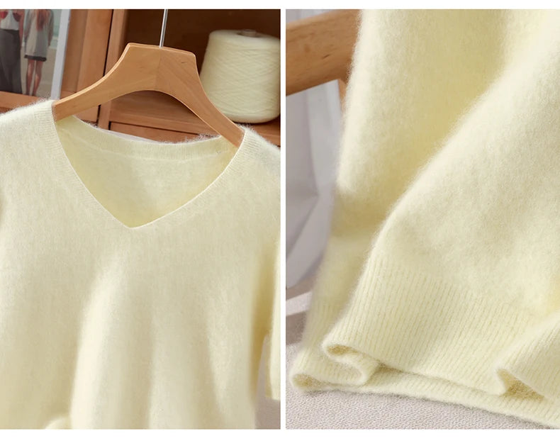 Women's 100% pure mink cashmere V-neck sweater T-shirt solid color knitted fashionable versatile short sleeved pullover sweater