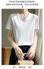 Summer V-neck 100% Cotton Short-Sleeved T-Shirt Women's Loose Mercerized Cotton Half-Sleeve Bottoming Shirt White High-end Top