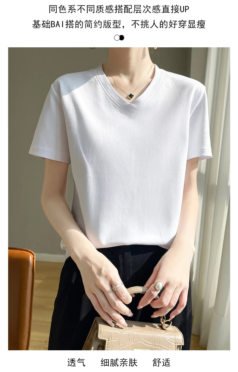 Summer V-neck 100% Cotton Short-Sleeved T-Shirt Women's Loose Mercerized Cotton Half-Sleeve Bottoming Shirt White High-end Top