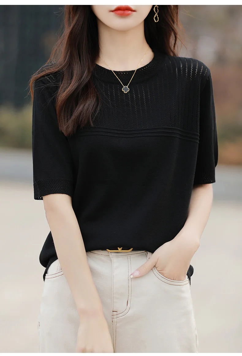 Women Sweater Short Sleeve Spring Summer O-neck Bottoming Shirts Casual Korean Knitted Pullovers Solid Loose Hollow Out Jumpers