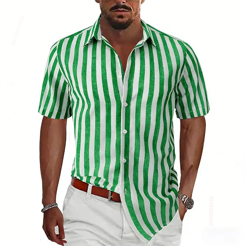 2026 Summer New Men's Striped Short-Sleeve Shirt, Multiple Colors Available, Outdoor Streetwear Casual Fashion Men's Top, XS-6XL