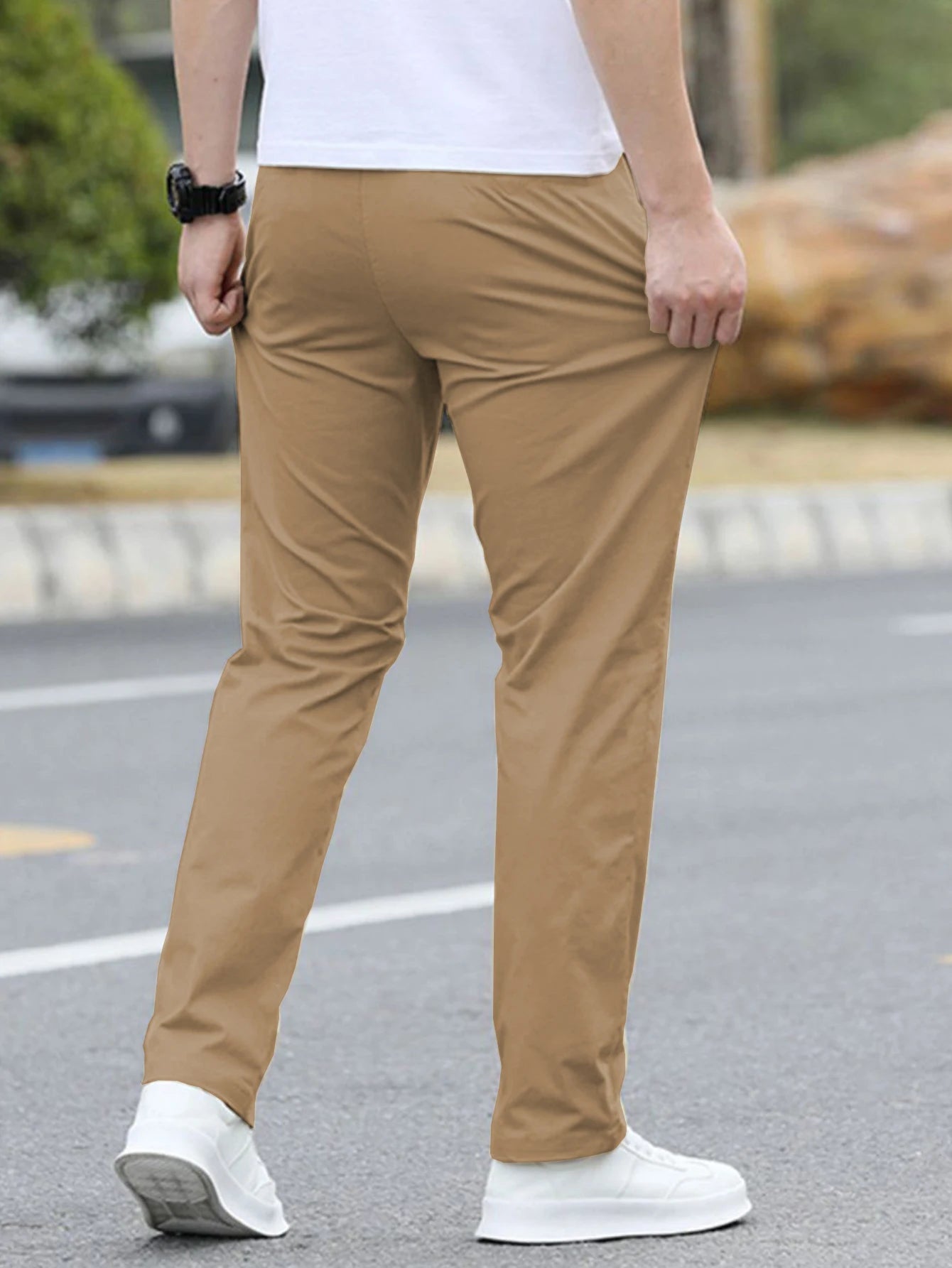 Men's Solid Color Casual Fashion Trousers with Drawstring Waist Regular Fit Pocket Trousers