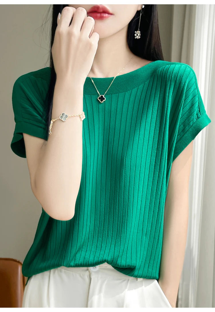 Summer Thin Ice Silk Knitted Loose T-Shirt Women's Short Sleeve Versatile Top Breathable Cool Feeling Pure Color Basic Fit
