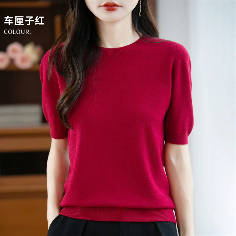 Fall/winter women's O-neck basic warm casual pullover fashion short sleeve 100% wool 22-color knitted sweater.