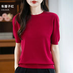 Fall/winter women's O-neck basic warm casual pullover fashion short sleeve 100% wool 22-color knitted sweater.