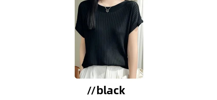 Summer Thin Ice Silk Knitted Loose T-Shirt Women's Short Sleeve Versatile Top Breathable Cool Feeling Pure Color Basic Fit