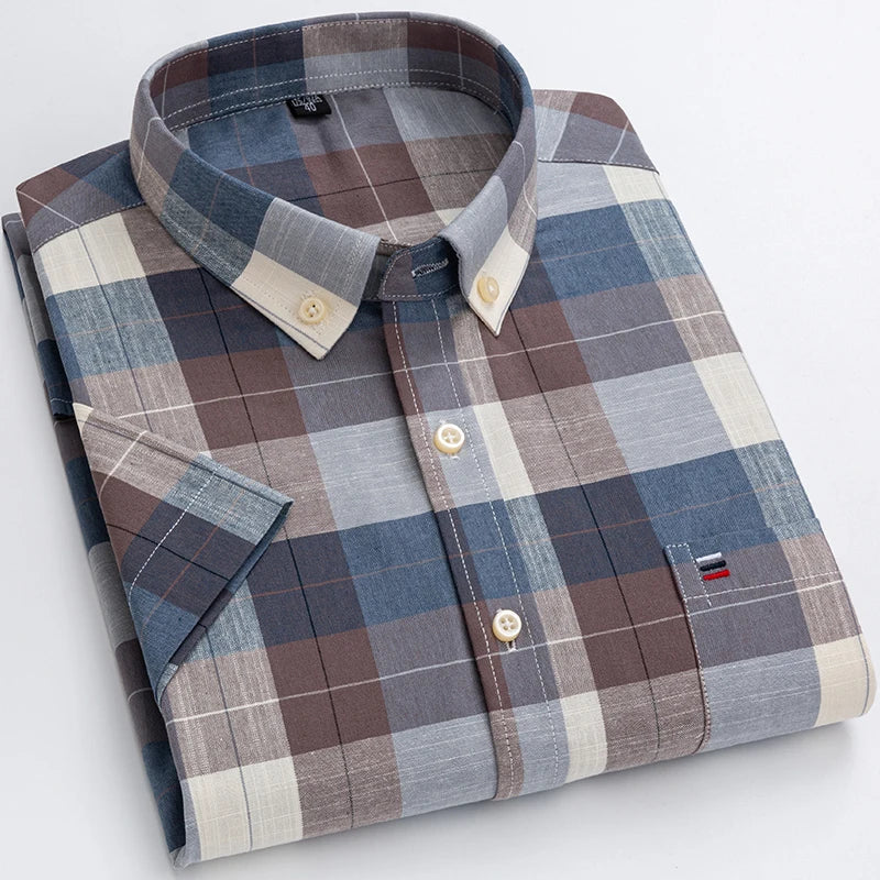 Men's Oxford Short Sleeve Square Collar Soild Plaid Striped Summer Casual Shirts Single Pocket Comfortable Cotton Shirt