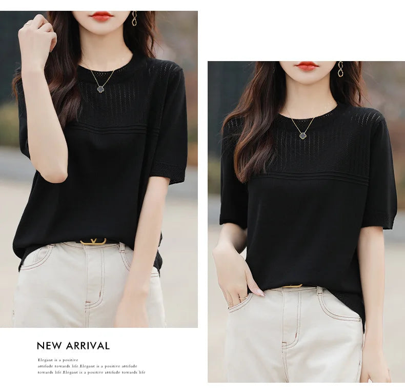 Women Sweater Short Sleeve Spring Summer O-neck Bottoming Shirts Casual Korean Knitted Pullovers Solid Loose Hollow Out Jumpers