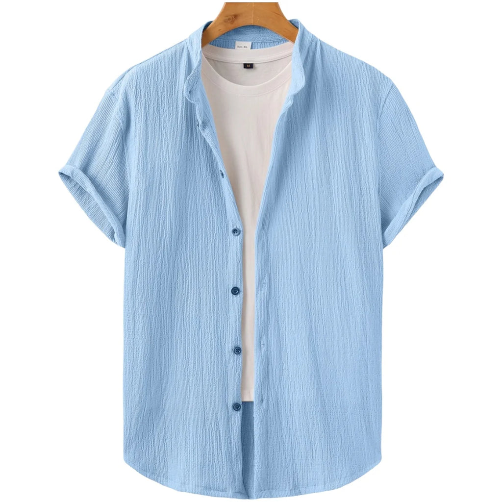 Casual Summer Shirt Men's Stand Collar Short Sleeve Light Maturity Leisure T-Shirt Open Cardigan Polyester Quick Dry Anti-Def...