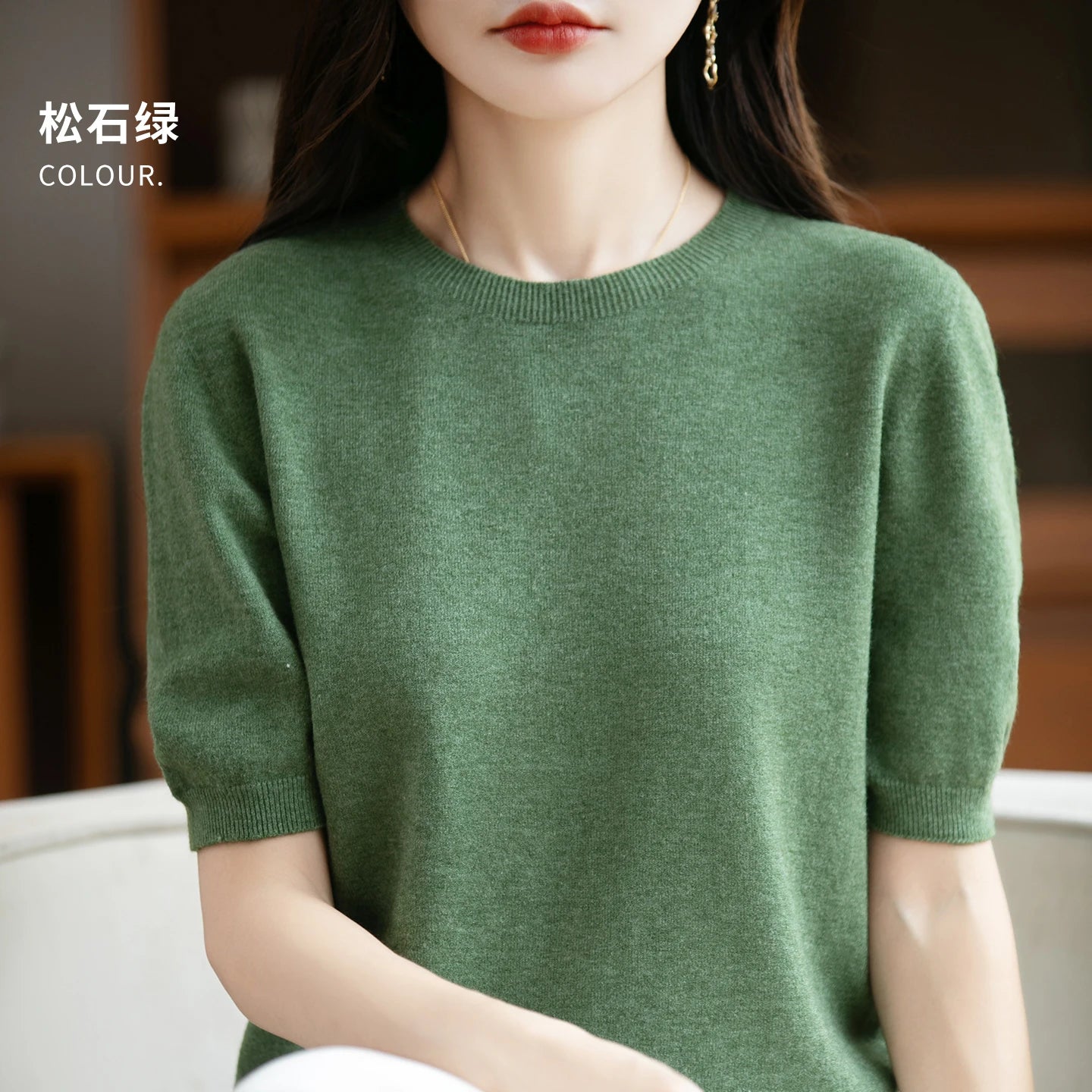 Fall/winter women's O-neck basic warm casual pullover fashion short sleeve 100% wool 22-color knitted sweater.