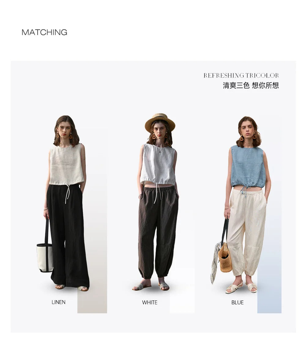 100% Linen Tank Top Women 2026 Summer Breathable Short Tops Sleeveless Casual Loose Cotton Linen Drawstring Crop Tops
