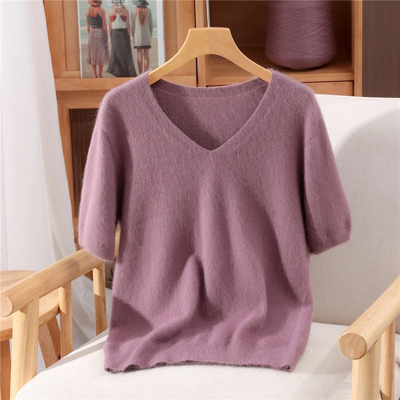 Women's 100% pure mink cashmere V-neck sweater T-shirt solid color knitted fashionable versatile short sleeved pullover sweater