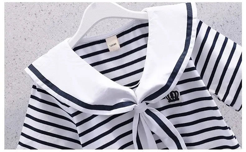 Girls Summer Casual Striped Sailor Collar Short Sleeve Suits 4 6 8 10 12 14 Years Girls JK Style Fashion Tops+Skirts 2pcs Sets