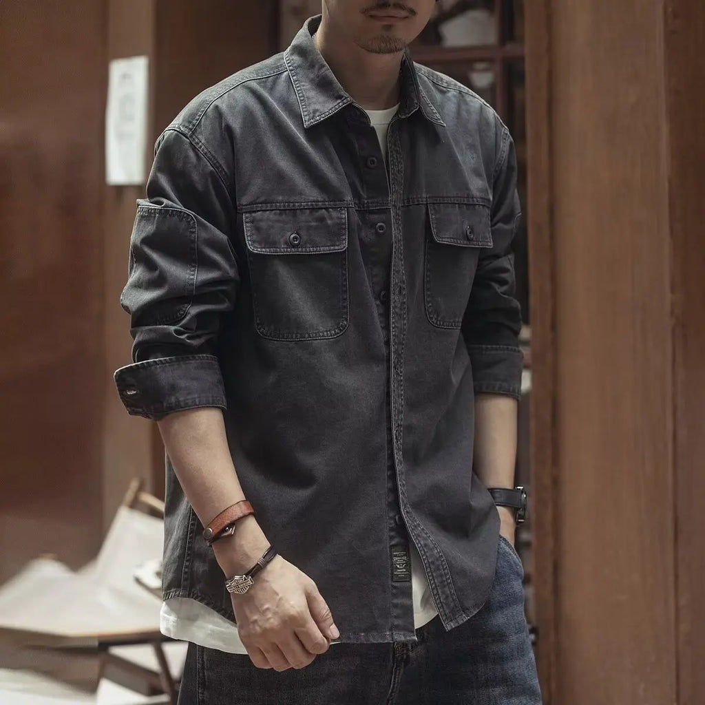 Retro American Workwear Long Sleeve Men's Denim Shirt Jacket Autumn Loose Hunting Style Casual Fashion Outerwear Coat