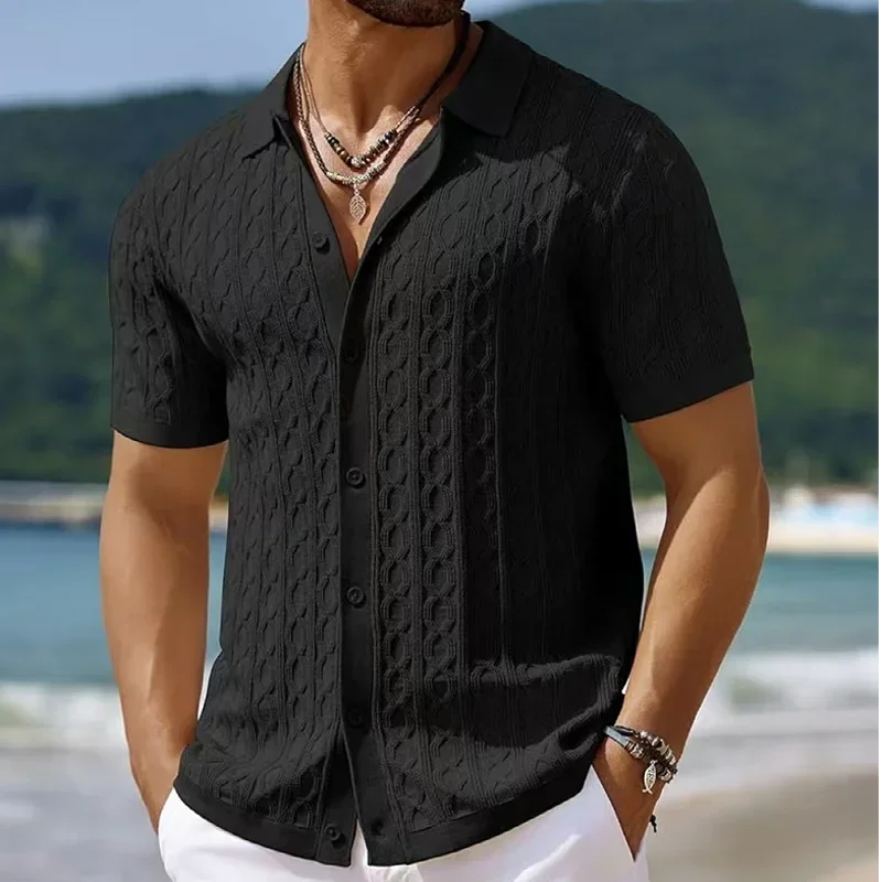 Summe Embroidery Men's Short Sleeved Fashion knitted Shirt 2025 Men's Business Solid Color Casual Button Cardigan POLO Shirt Top