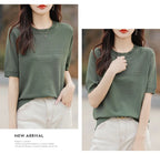 Women Sweater Short Sleeve Spring Summer O-neck Bottoming Shirts Casual Korean Knitted Pullovers Solid Loose Hollow Out Jumpers