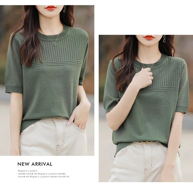 Women Sweater Short Sleeve Spring Summer O-neck Bottoming Shirts Casual Korean Knitted Pullovers Solid Loose Hollow Out Jumpers