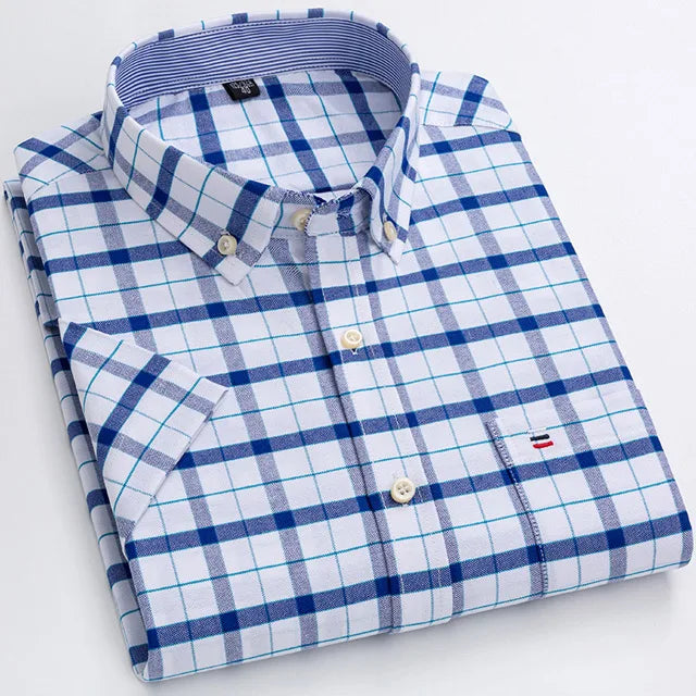 Men's Oxford Short Sleeve Square Collar Soild Plaid Striped Summer Casual Shirts Single Pocket Comfortable Cotton Shirt