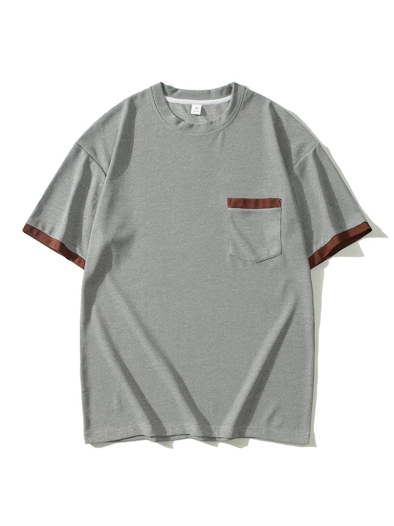 summer Casual breathable Men Tops Patchwork pocket sports pullover Textured Male Loose round collar short sleeve men T-shirts