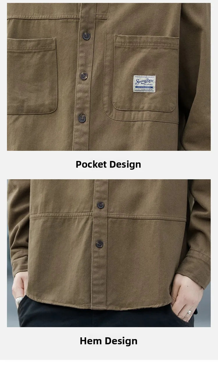Men's Pure Cotton Long Sleeve Shirt Vintage Workwear Simple Style Autumn Winter New Arrival Casual Versatile Top Youth Fashion