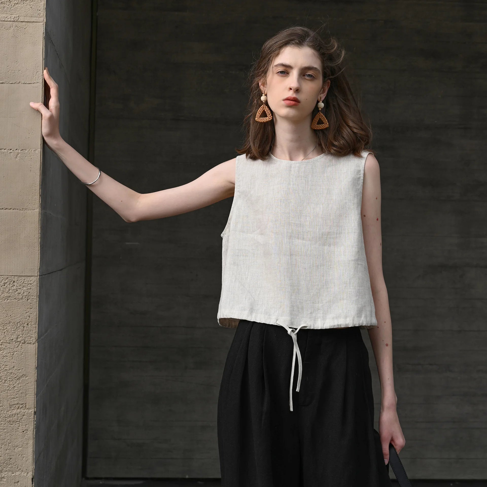 100% Linen Tank Top Women 2026 Summer Breathable Short Tops Sleeveless Casual Loose Cotton Linen Drawstring Crop Tops