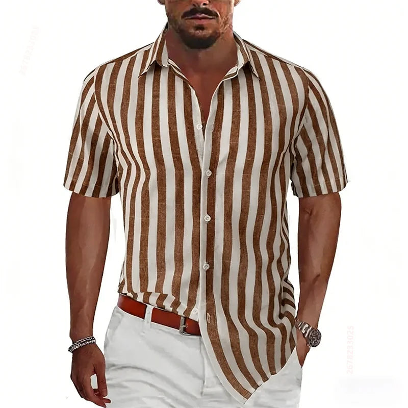 2026 Summer New Men's Striped Short-Sleeve Shirt, Multiple Colors Available, Outdoor Streetwear Casual Fashion Men's Top, XS-6XL