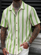 Vacation Casual Mens Knitted Shirts Short Sleeve Button-up Lapel Knit Shirt 2026 Spring Summer Stylish Patchwork Striped Shirts