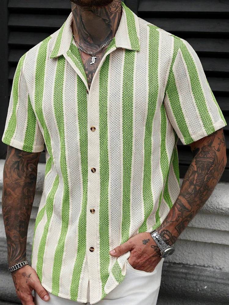 Vacation Casual Mens Knitted Shirts Short Sleeve Button-up Lapel Knit Shirt 2026 Spring Summer Stylish Patchwork Striped Shirts