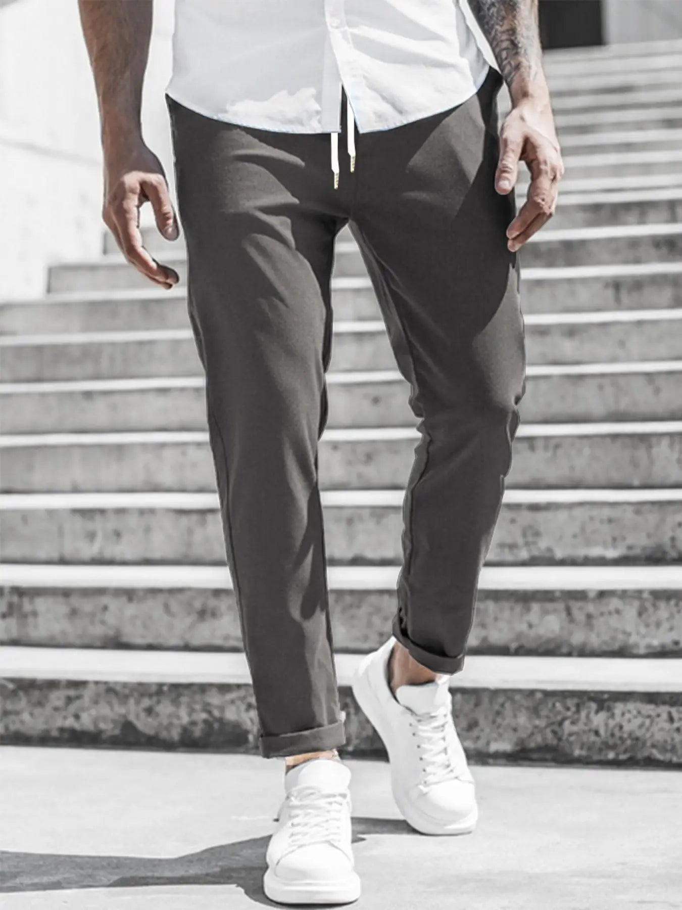 Men's Solid Color Casual Pants with Drawstring Waist Regular Fit Comfy Trousers with Pockets for Spring And Fall
