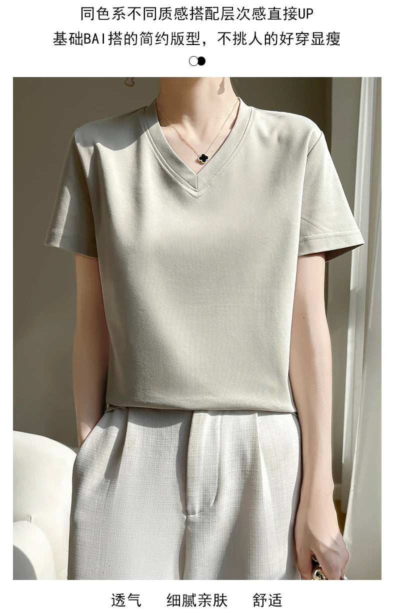 Summer V-neck 100% Cotton Short-Sleeved T-Shirt Women's Loose Mercerized Cotton Half-Sleeve Bottoming Shirt White High-end Top