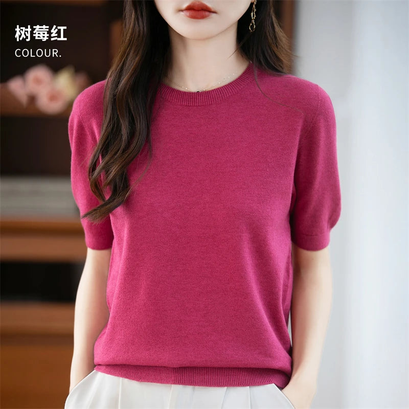 Fall/winter women's O-neck basic warm casual pullover fashion short sleeve 100% wool 22-color knitted sweater.