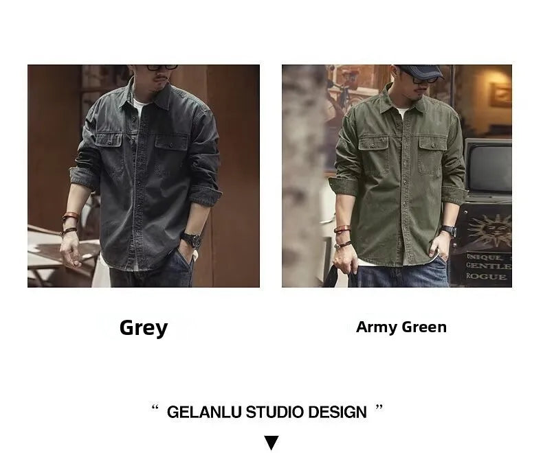 Retro American Workwear Long Sleeve Men's Denim Shirt Jacket Autumn Loose Hunting Style Casual Fashion Outerwear Coat