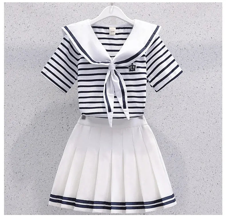 Girls Summer Casual Striped Sailor Collar Short Sleeve Suits 4 6 8 10 12 14 Years Girls JK Style Fashion Tops+Skirts 2pcs Sets