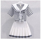 Girls Summer Casual Striped Sailor Collar Short Sleeve Suits 4 6 8 10 12 14 Years Girls JK Style Fashion Tops+Skirts 2pcs Sets