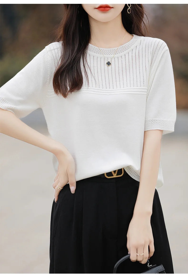 Women Sweater Short Sleeve Spring Summer O-neck Bottoming Shirts Casual Korean Knitted Pullovers Solid Loose Hollow Out Jumpers