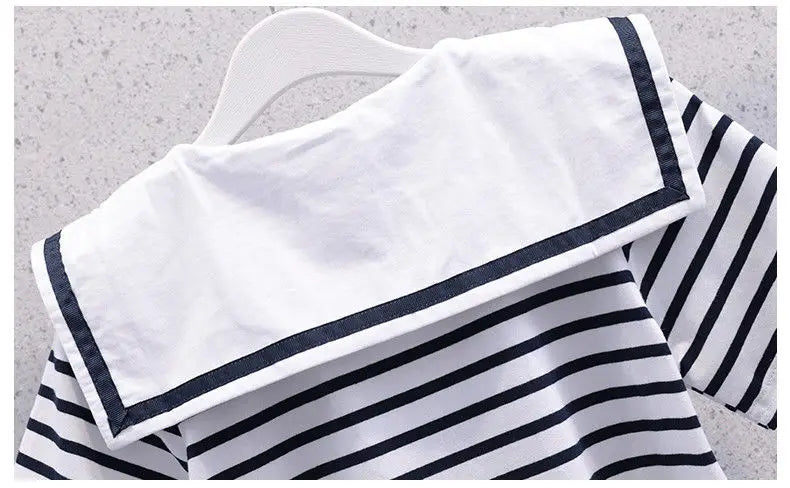 Girls Summer Casual Striped Sailor Collar Short Sleeve Suits 4 6 8 10 12 14 Years Girls JK Style Fashion Tops+Skirts 2pcs Sets